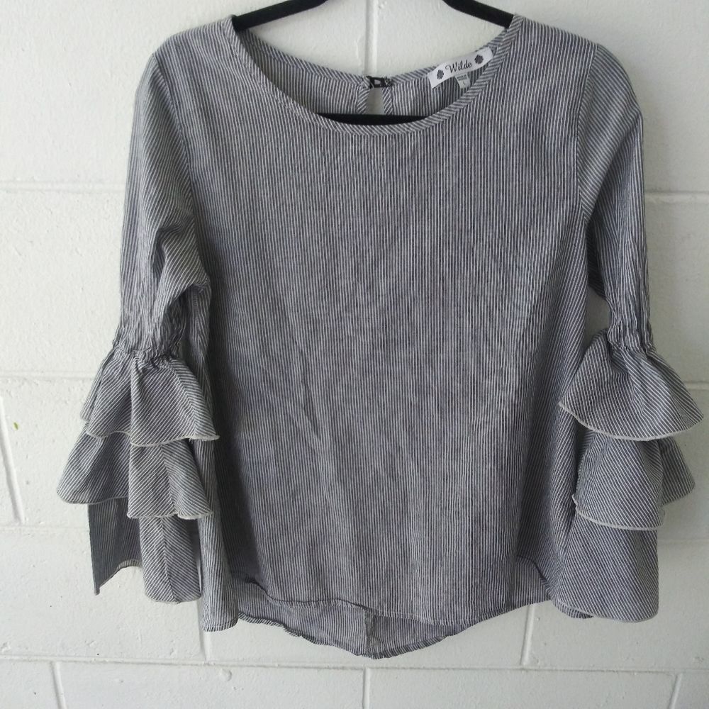 Wilde Pinstripe Ruffle 3/4 Sleeve Cotton Boho Festival Blouse Size Large